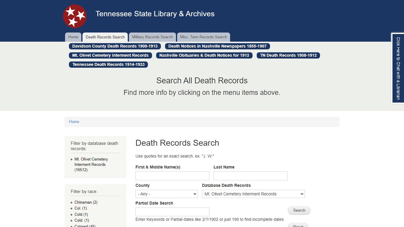 Death Records Search | Tennessee State Library & Archives