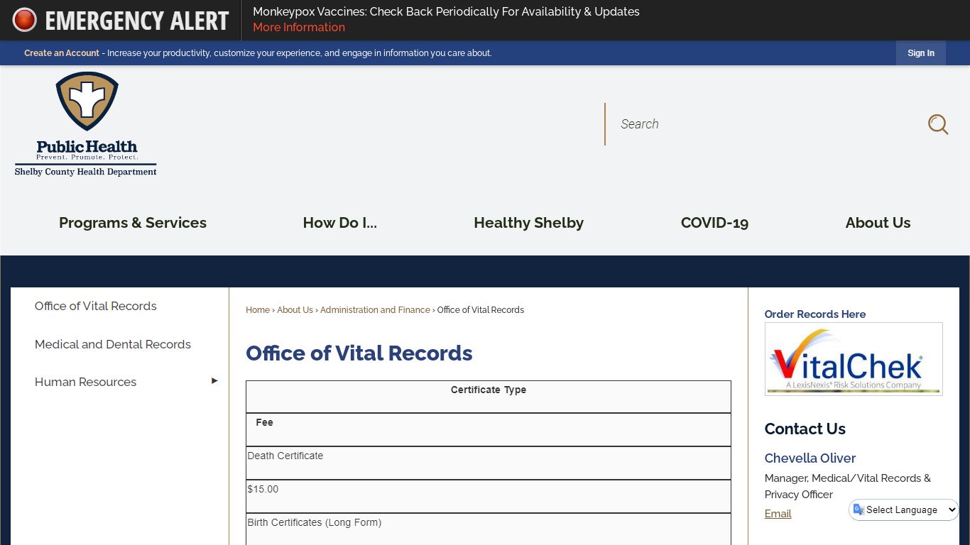 Office of Vital Records | Shelby County Health Dept., TN