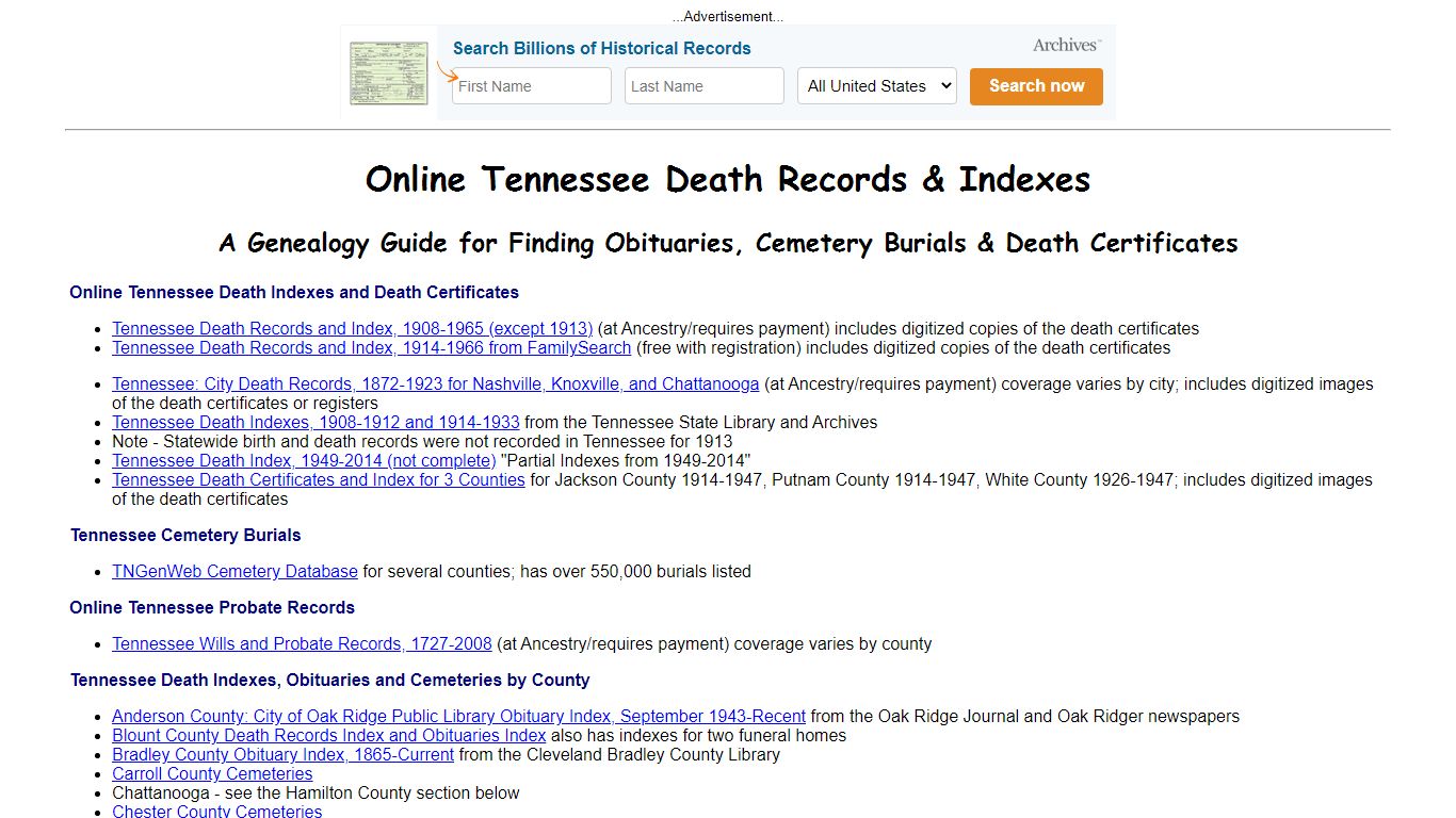 Online Tennessee Death Indexes, Records & Obituaries
