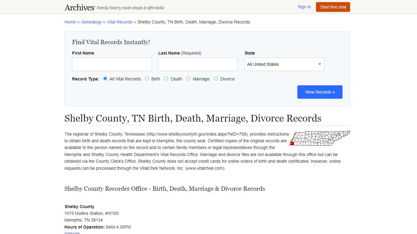 Shelby County, TN Birth, Death, Marriage, Divorce Records
